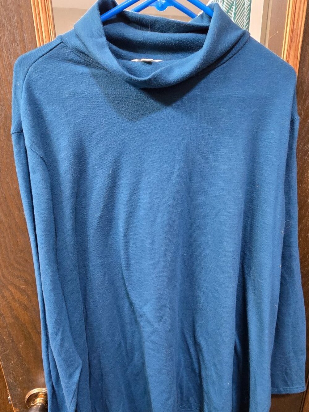 Terra & Sky Womens Plus 3X Blue Teal Cowl Neck Long Sleeve Sharkbite Tunic Top
